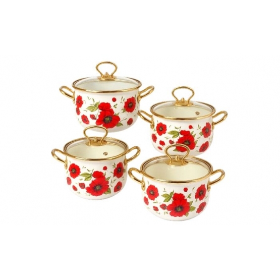8 részes zománcozott edénykészlet piros mák