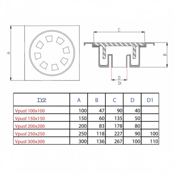 Padlóösszefolyó 200x200x115 mm