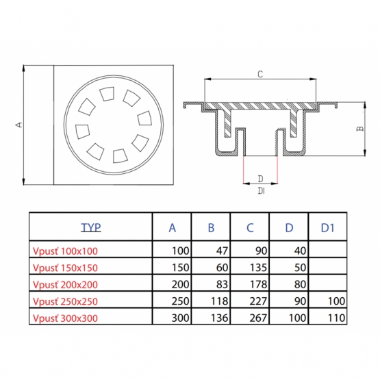 Padlóösszefolyó 150x150x60 mm