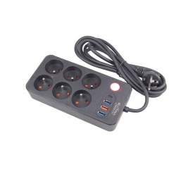 Hosszabbító kábel 2,5 m 6 aljzattal és USB-vel