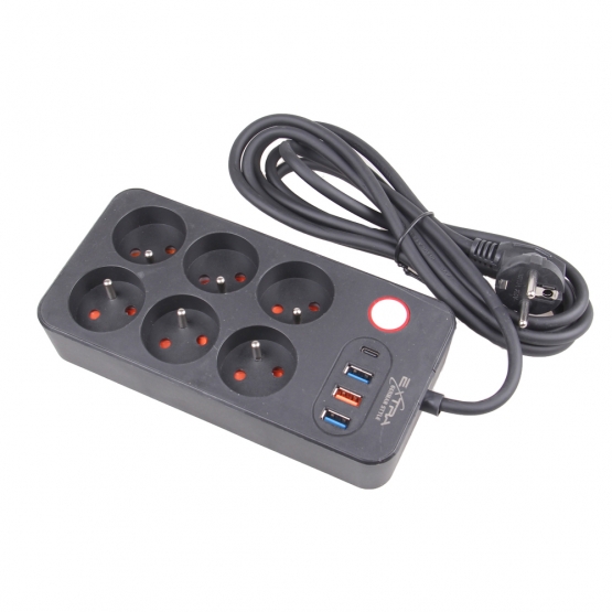 Hosszabbító kábel 2,5 m 6 aljzattal és USB-vel
